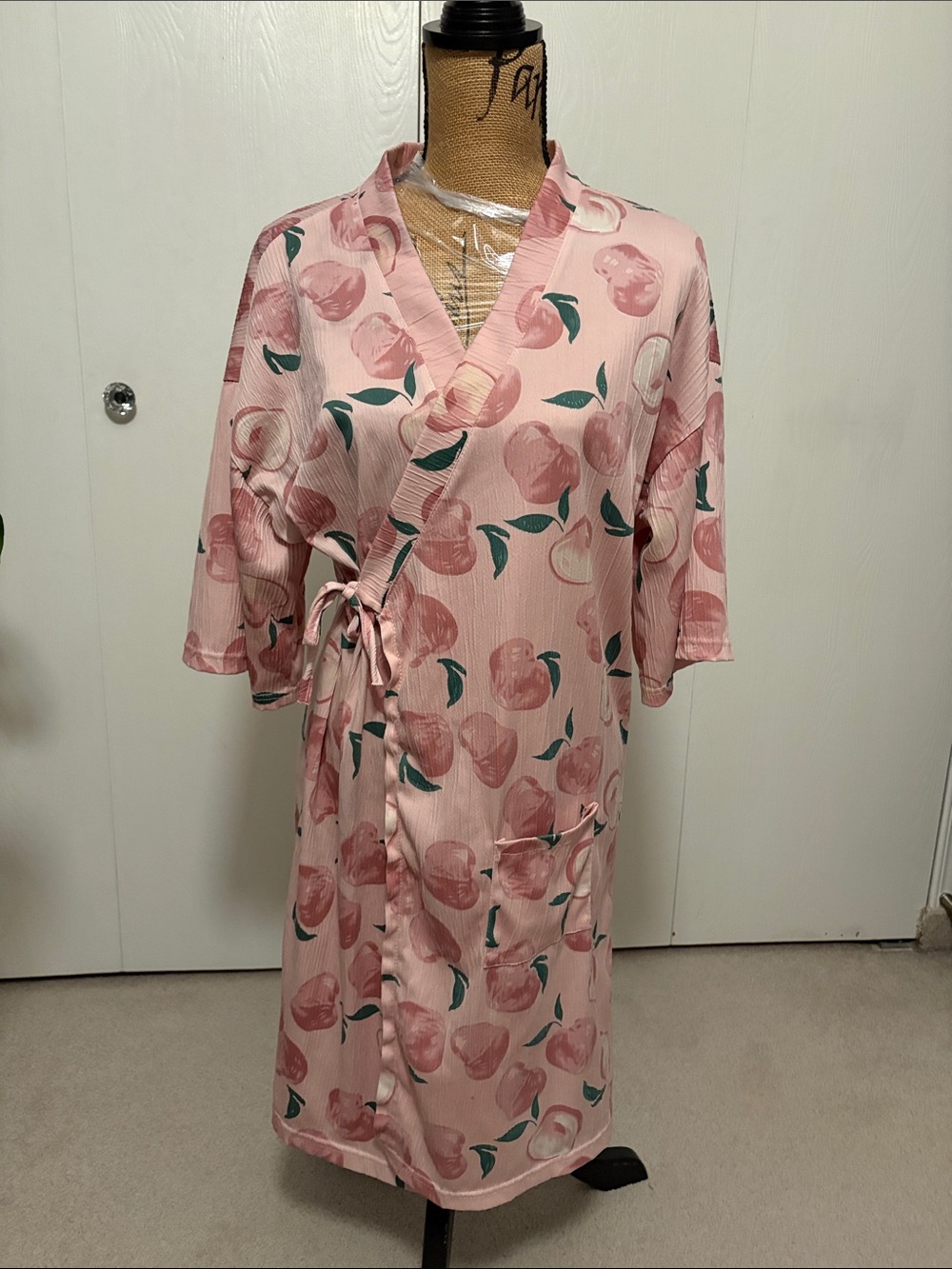 Pink Peach-Print Wrap Robe